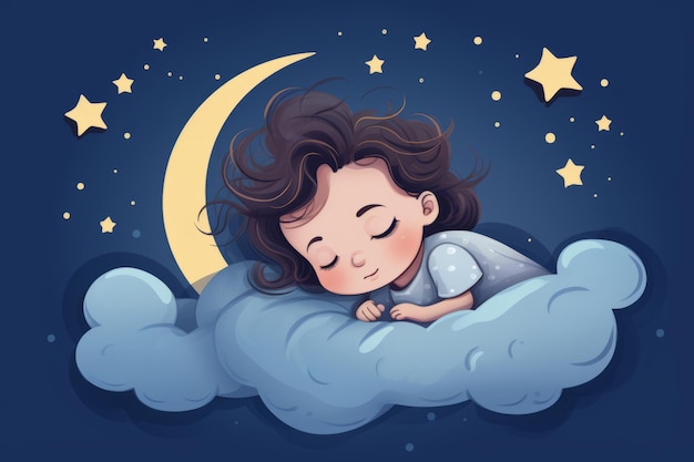 cartoon illustration of a little boy sleeping on a cloud with the moon and stars