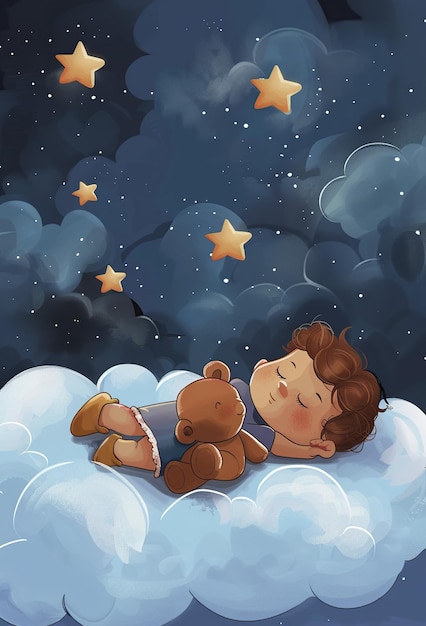 cartoon illustration of a little boy sleeping on a cloud with a teddy bear