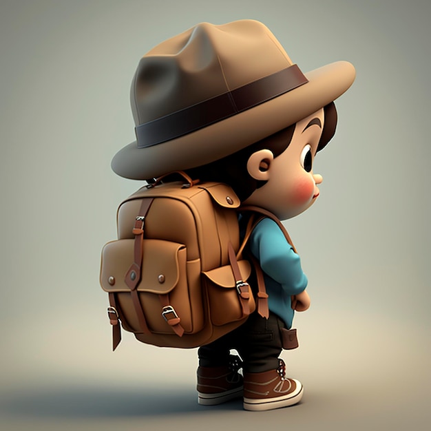 cartoon illustration of a little boy with backpack and hat ai generative