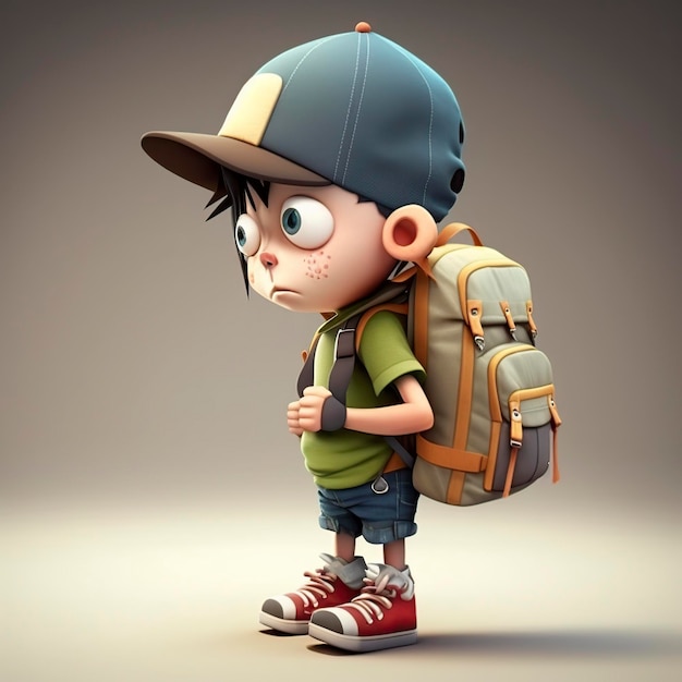 cartoon illustration of a little boy with backpack and hat ai generative