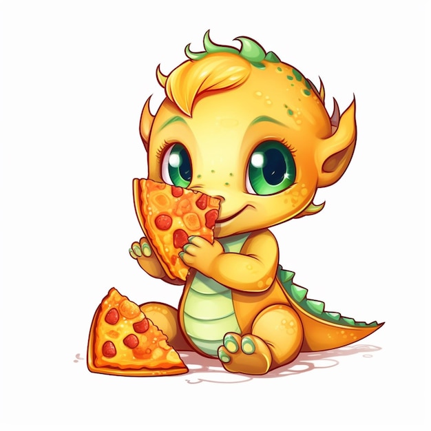 Cartoon illustration of a little dragon eating a slice of pizza generative ai