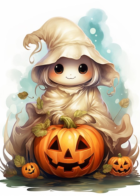 cartoon illustration of a little ghost sitting on a pumpkin generative ai