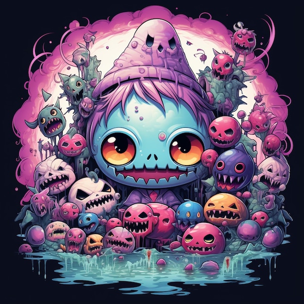 a cartoon illustration of a little girl surrounded by many spooky creatures generative ai