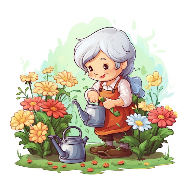 cartoon illustration of a little girl watering flowers in the garden generative ai