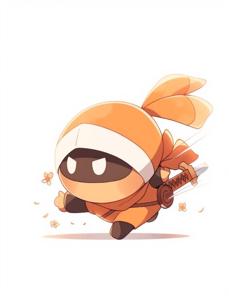 Photo cartoon illustration of a little orange ninja running with a sword generative ai