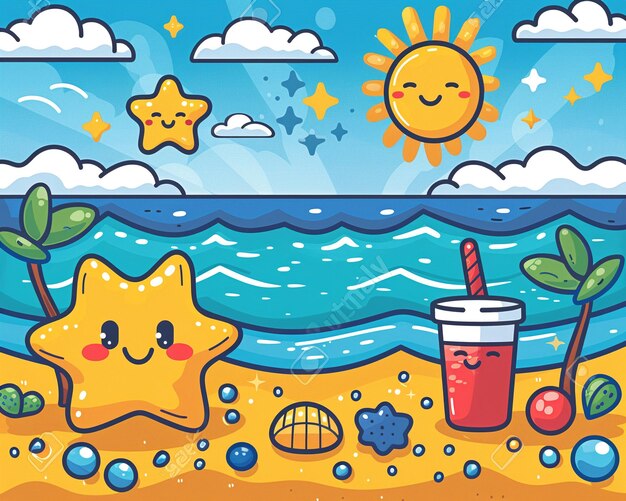 Photo cartoon illustration of a lively beach day designed with cute characters and bright