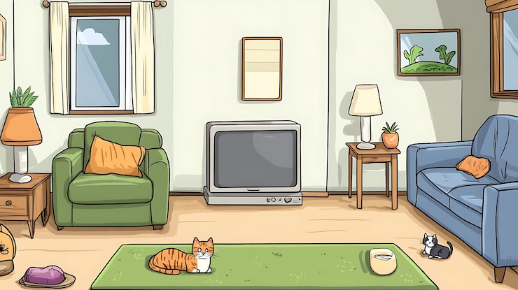 Photo 猫とテレビがついたリビングのカートゥーンイラスト
