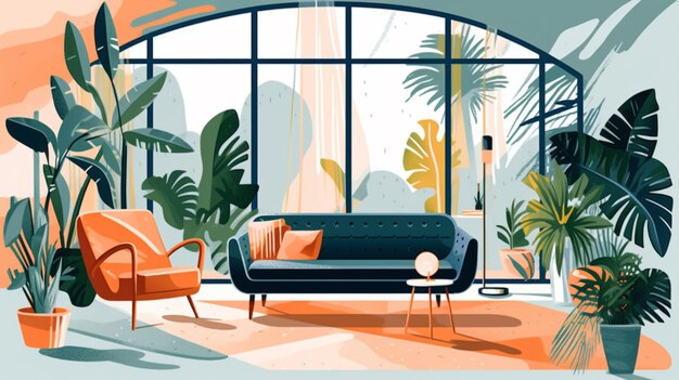 Иллюстрация мультфильма гостиной с диваном и стулом