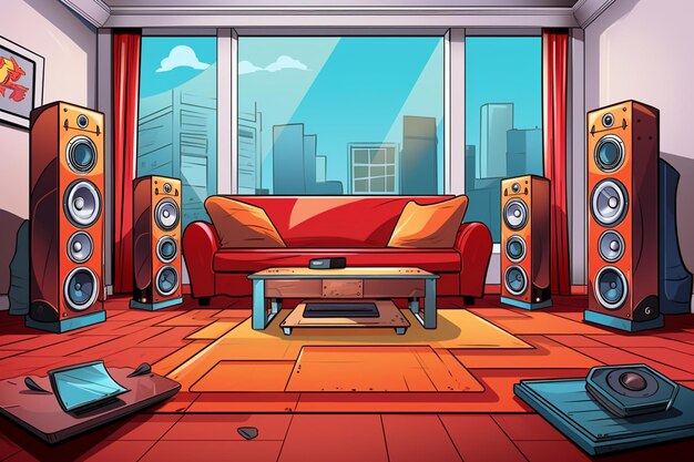 cartoon illustration of a living room with a couch generative ai