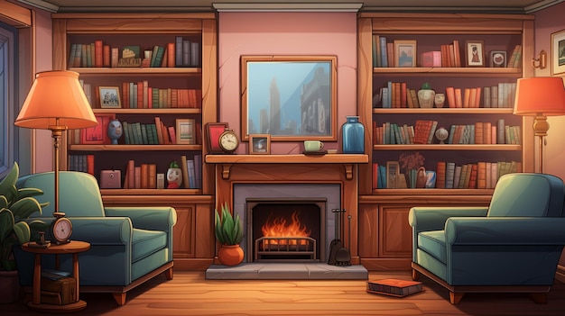 Cartoon illustration of a living room with a fireplace and bookshelves generative ai