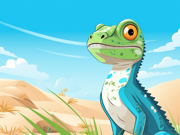 Cartoon illustration of a lizard sitting in the desert generative ai