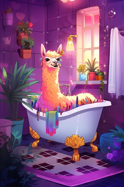 Photo cartoon illustration of a llama taking a bath in a bathtub generative ai