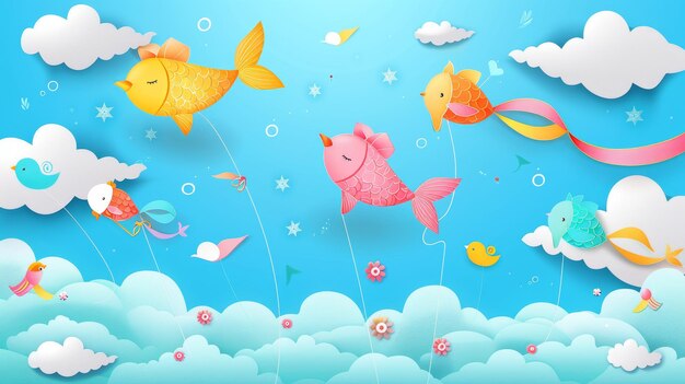 Cartoon illustration of Makar Sankranti kite festival on a blue sky with clouds Cute colorful paper toys in the shape of fish and birds flying in the wind