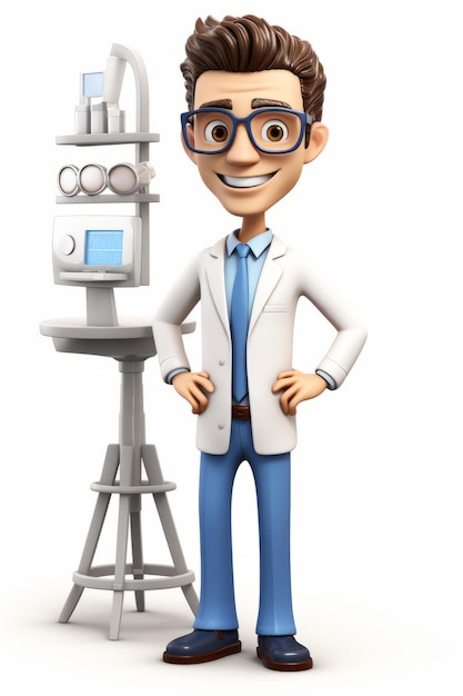 Cartoon illustration of a male doctor in a lab coat standing next to a medical examination machine