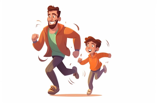 Photo cartoon illustration of a man and a boy running together generative ai