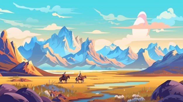 사막에서 말을 타고 있는 남자의 만화 일러스트레이션