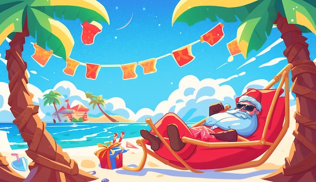 Photo a cartoon illustration of a man in a santa hat is sleeping on a beach