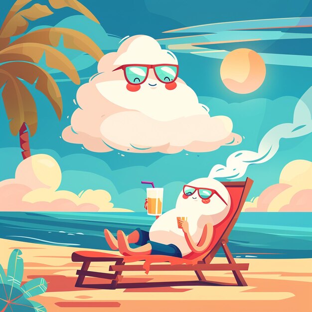 cartoon illustration of a man sitting in a chair on the beach generative ai