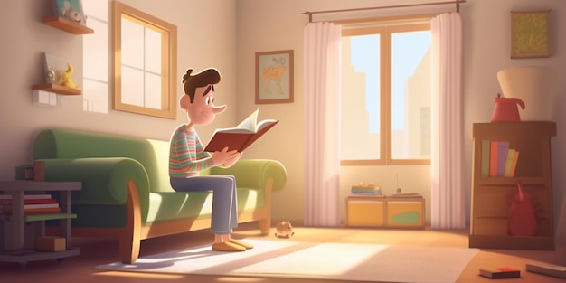 Cartoon illustration of a man sitting on a couch reading a book generative ai