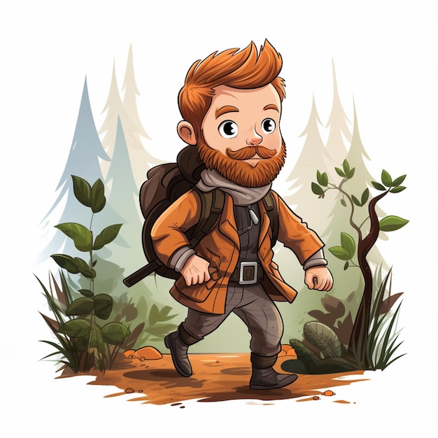 cartoon illustration of a man with a beard and a backpack walking through the woods generative ai