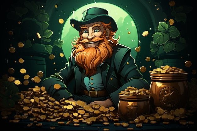 cartoon illustration of a man with a beard and a beard sitting in front of a pot of gold coins generative ai