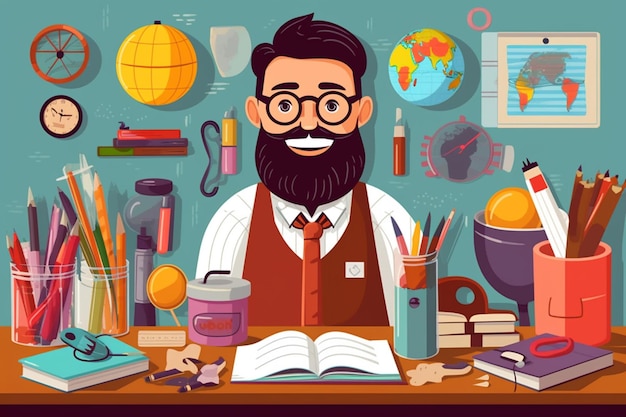 Photo a cartoon illustration of a man with a beard and glasses sitting at a desk generative ai