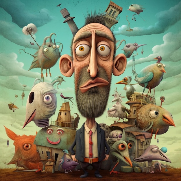 Cartoon illustration of a man with a beard and a mustache surrounded by birds generative ai