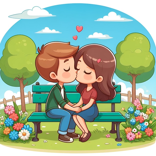 Photo cartoon illustration of a man and woman kissing