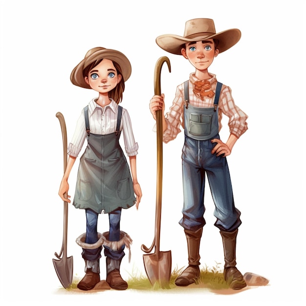 Cartoon illustration of a man and a woman with a shovel and a hat generative ai
