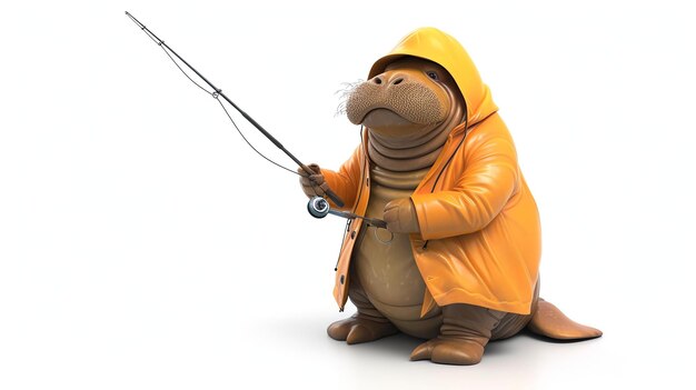 A cartoon illustration of a manatee wearing a yellow raincoat and fishing hat holding a fishing rod