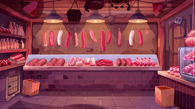 A cartoon illustration of a meat shop and butchery store with farm products displayed on a showcase a cashier desk and scales Fresh sausages hang from the wall farmer meaty products food in a