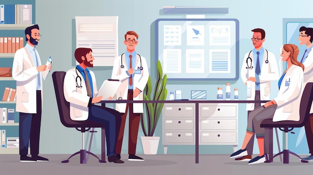 a cartoon illustration of men sitting at a desk with a stethoscope on it