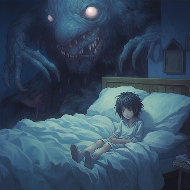 Photo a cartoon illustration of a monster in a dark room with a monster on the bed.