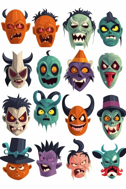 Cartoon illustration of monster masks set for Halloween party