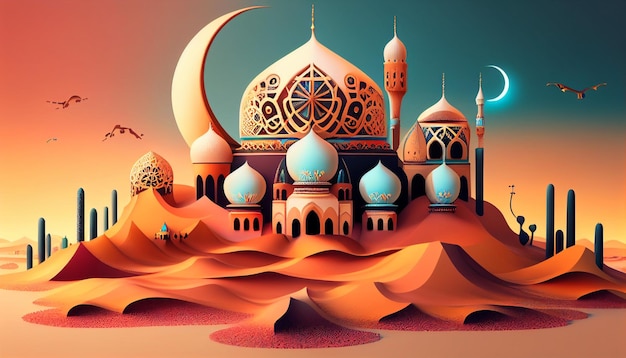 A cartoon illustration of a mosque in the desert.