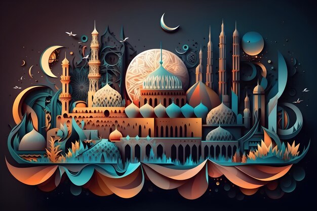 A cartoon illustration of a mosque and moon.