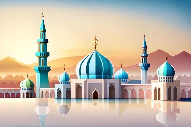 A cartoon illustration of a mosque with a blue dome and a mountain in the background