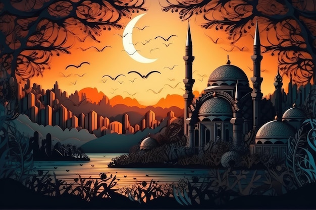 A cartoon illustration of a mosque with a moon in the background