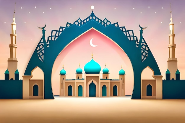 A cartoon illustration of a mosque with a moon and stars