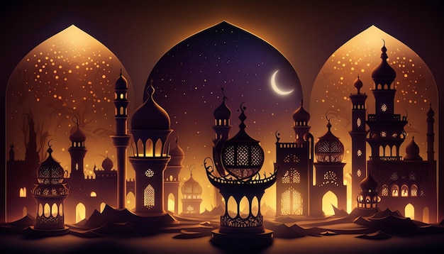 A cartoon illustration of a mosque with a moon and stars.