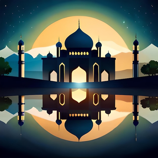 A cartoon illustration of a mosque with mountains and moon in the background.