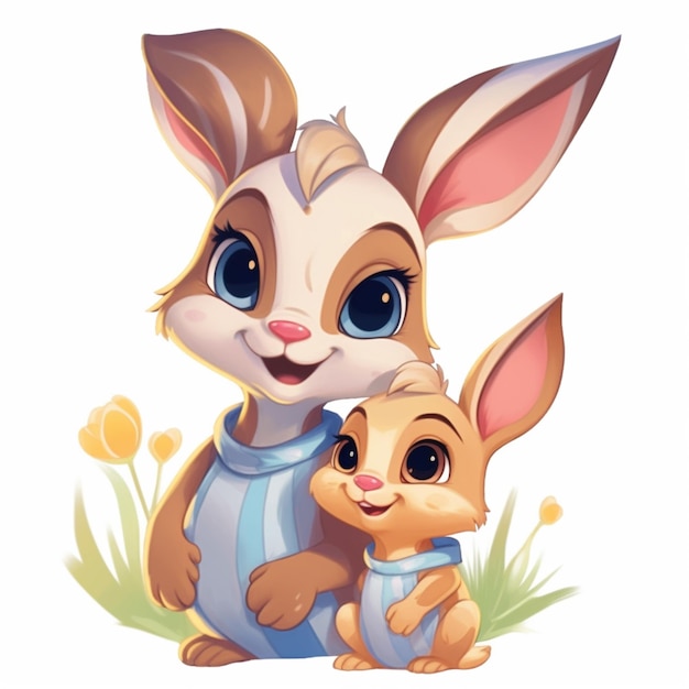 A cartoon illustration of a mother and baby bunny.