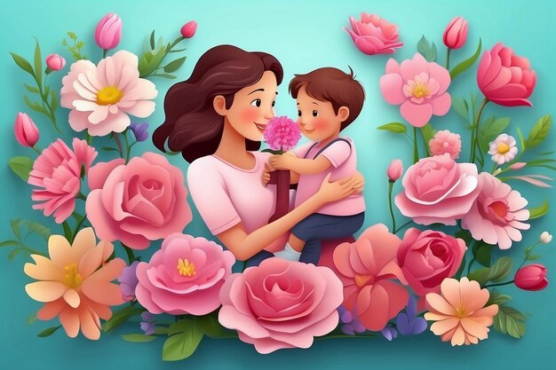 Foto un'illustrazione a cartone animato di una madre e un bambino con fiori sfondo felice giorno delle madri