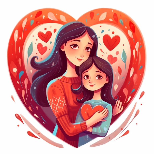 母と娘が抱き合うの漫画イラスト