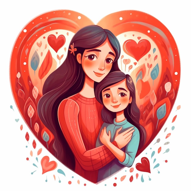 Cartoon illustration of Mother and daughter hugging