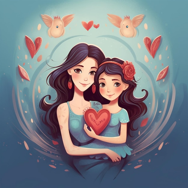 Cartoon illustration of Mother and daughter hugging