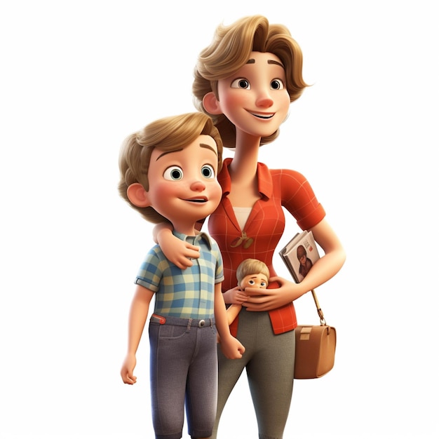 Cartoon illustration of a mother and son holding a doll generative ai