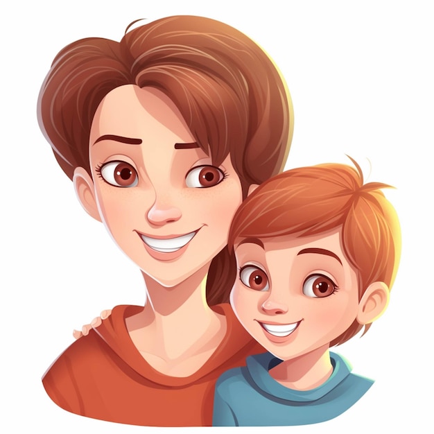 Cartoon illustration of a mother and son hugging each other generative ai