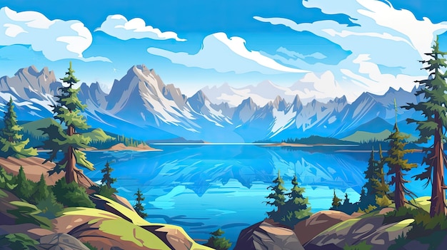 cartoon illustration mountain landscape with a clear blue lake surrounded by lush greenery