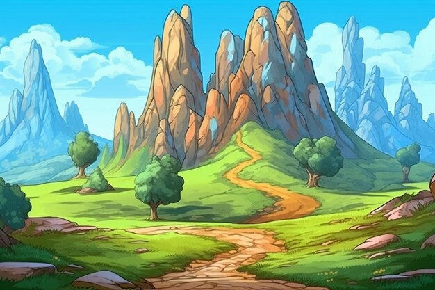 Foto illustrazione a cartone animato di un paesaggio di montagna con una strada di terra generativa ai